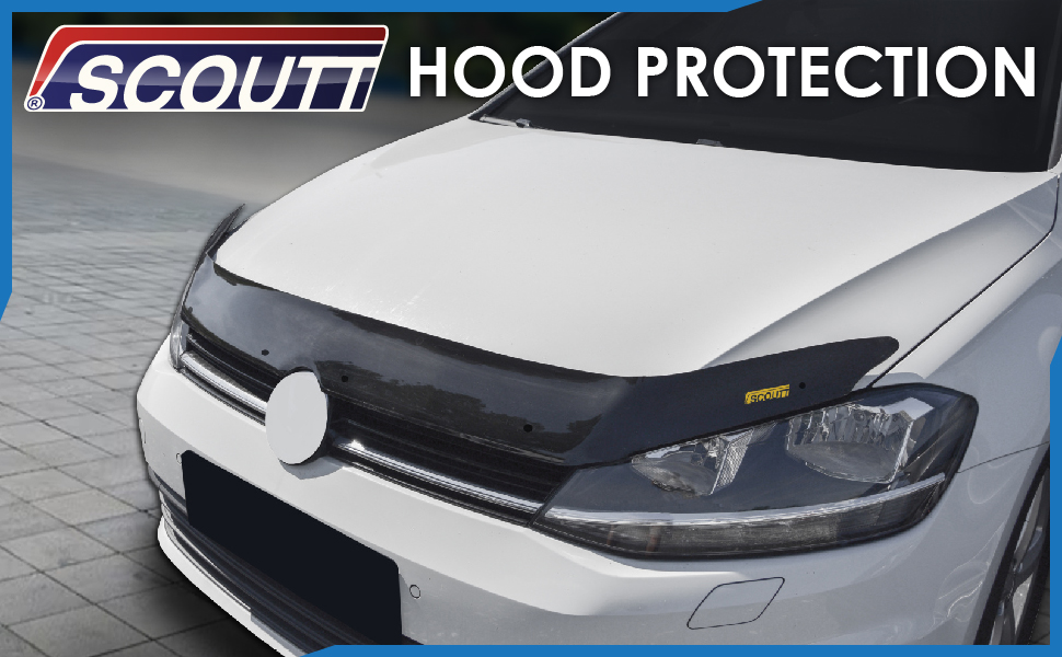 Scout brand black automotive hood protector installed on a white vehicle's front end, designed to shield the hood from debris and damage.