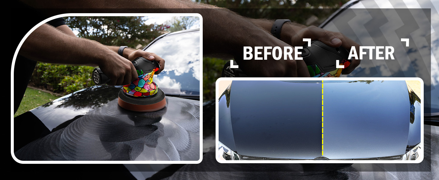 Text reads 'BEFORE' and 'AFTER'. Comparison showing dirty windshield before cleaning and clear windshield after cleaning treatment application.