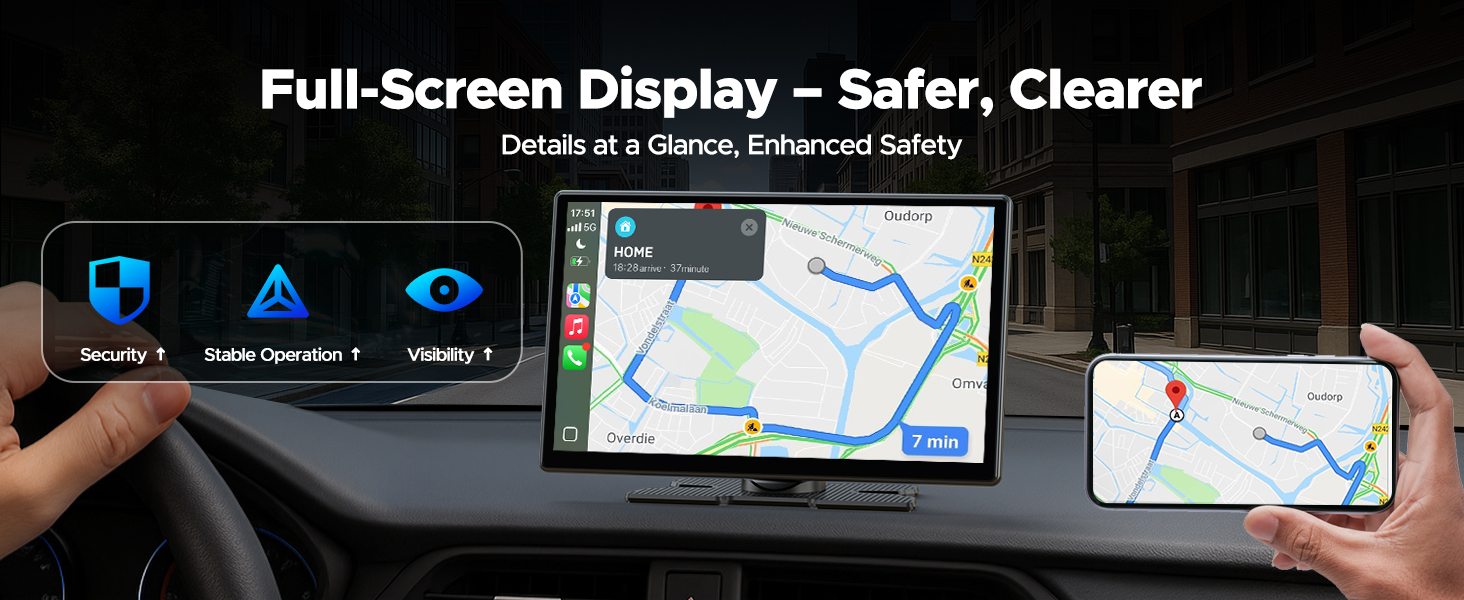 Text reads 'Full-Screen Display - Safer, Clearer'. Digital interface showing navigation map and menu icons on automotive display screen.