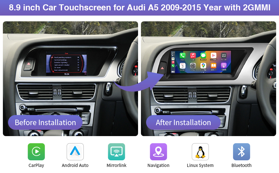 Text reads: '8.9 inch Car Touchscreen for Audi A5 2009-2015 Year with 2GMMI'. Before and after installation images of car dashboard interface upgrade.
