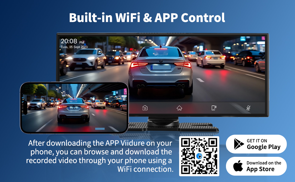 Text reads '4K Front Camera & 1080P Rear Camera'. Dashboard camera system interface showing dual camera views, parking assistance, and night vision capabilities.