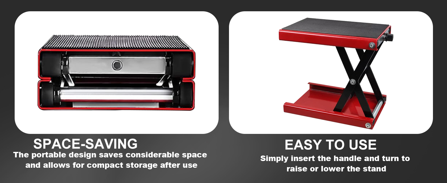 Text reads 'SPACE-SAVING' and 'EASY TO USE'. Sequence showing a foldable red footrest or step platform in various positions demonstrating its collapsible functionality.