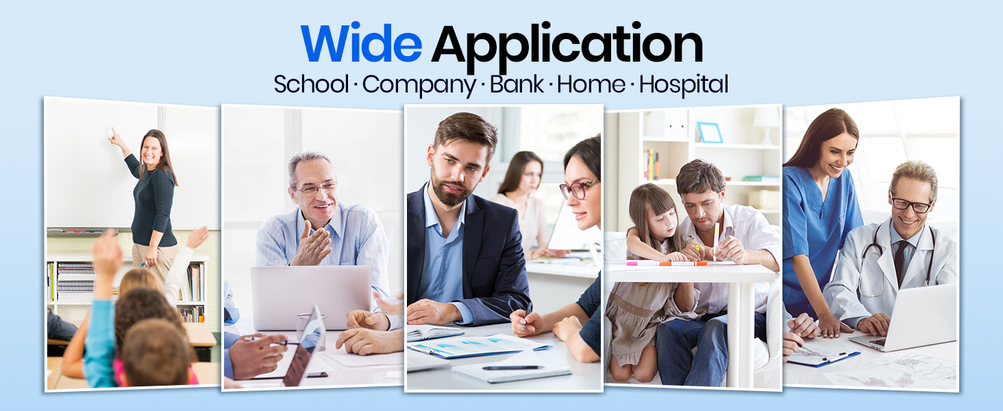 Text reads 'Wide Application'. Collection of business and office setting images showing people working at desks and in meetings.