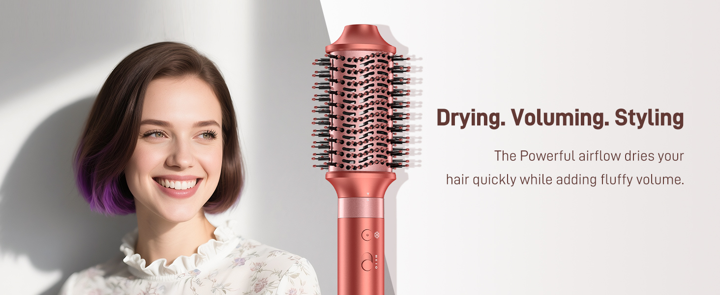 Text reads 'Drying, Voluming, Styling'. Woman with dark hair holding red round barrel hair brush with ceramic bristles against white studio background.