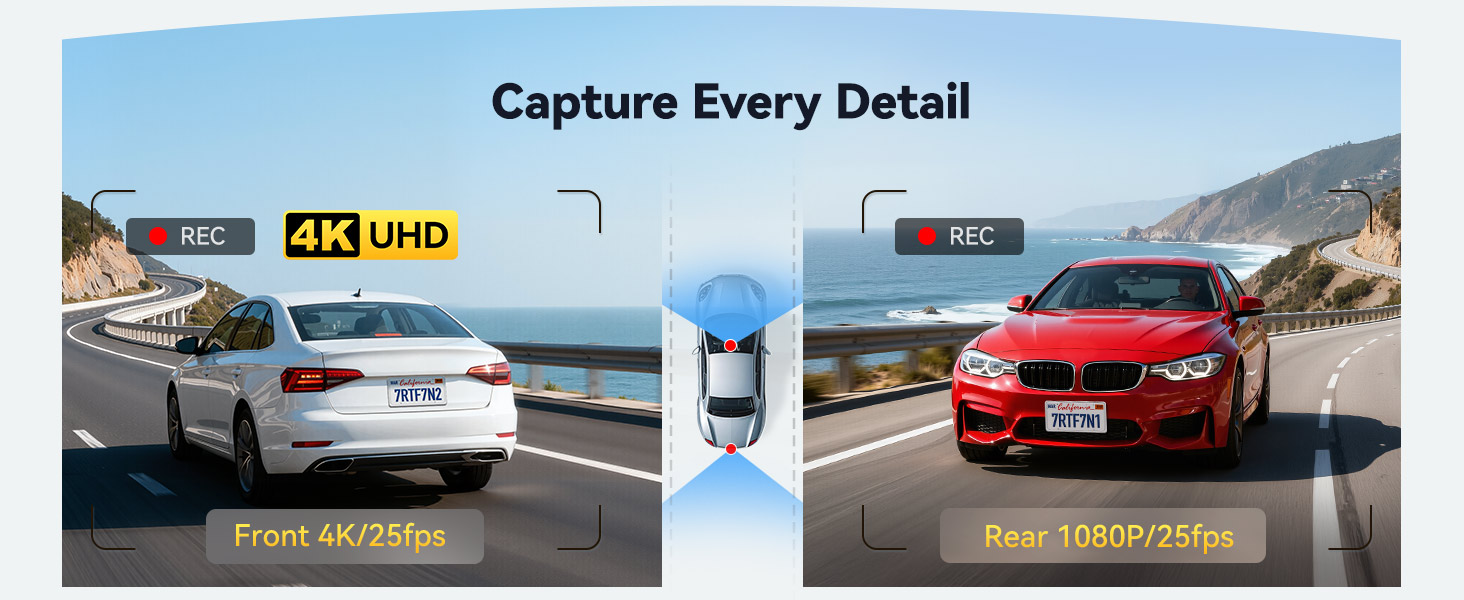 Text reads 'Capture Every Detail', 'Front 4K/25fps', 'Rear 1080P/24fps'. Split-screen showing dual camera recording of red car on coastal road, demonstrating front and rear recording capabilities.