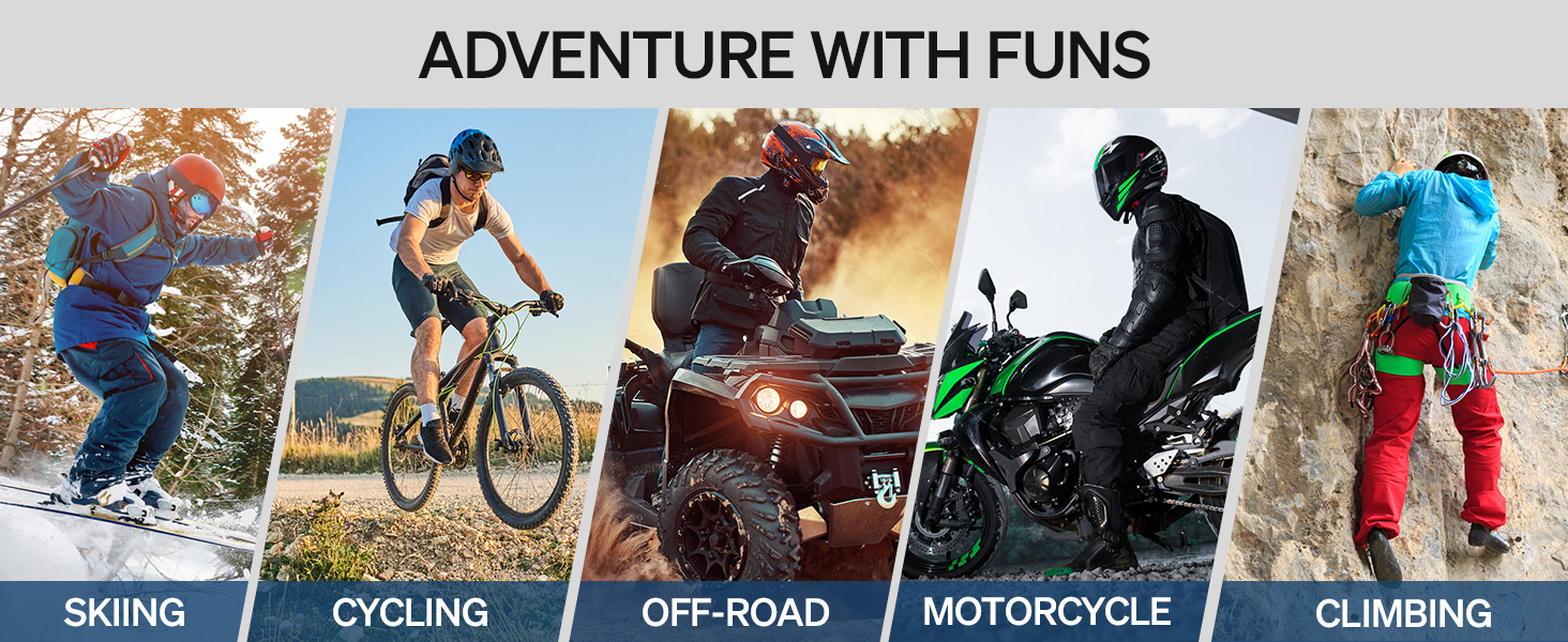 Adventure sports banner showing five activities: skiing, cycling, off-road driving, motorcycle riding, and mountain climbing against outdoor backgrounds.