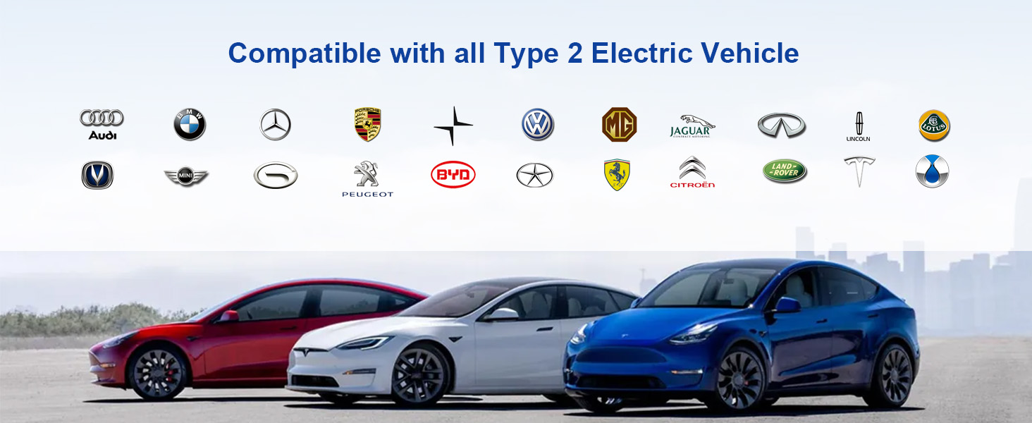 Three electric vehicles in red, white, and blue, with logos of compatible car brands above. Text states 'Compatible with all Type 2 Electric Vehicle'.