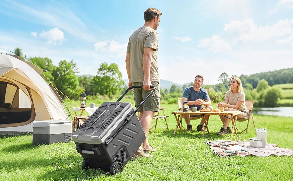 Multiple outdoor scenes showing portable audio equipment being used during picnics and outdoor gatherings on sunny grass fields.