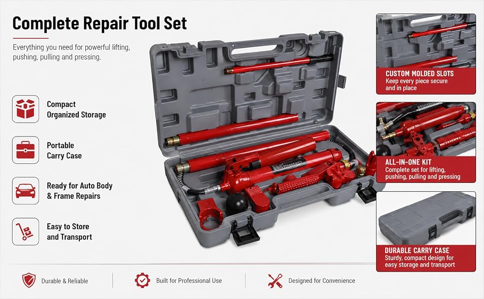 Text reads: "Built for Heavy-Duty Performance, 10 Lbs Capacity, Long Handle for Comfort, Stronger Operation, Rust-Resistant Design, Durable & Reliable, Locking System." Red and gray heavy-duty tool case with organized compartments and labeled feature icons.