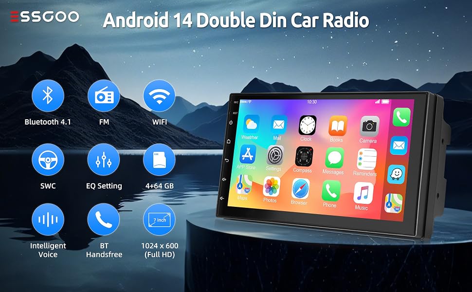 Text reads 'S6 GOO Android 14 Double Din Car Radio'. Dashboard car radio with colorful app icons and control buttons displayed.