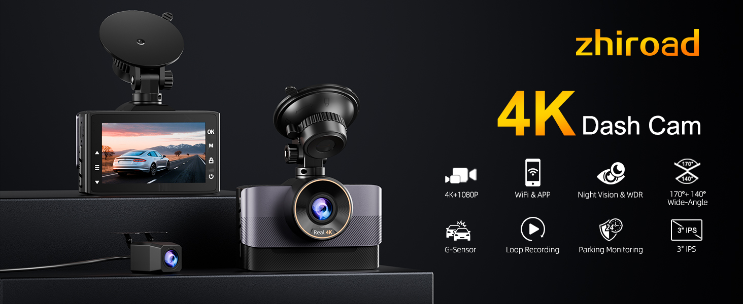 Text reads '4K Dash Cam' and 'zhiroad'. Black automotive dashboard camera with multiple views showing lens, display screen, and mounting options.
