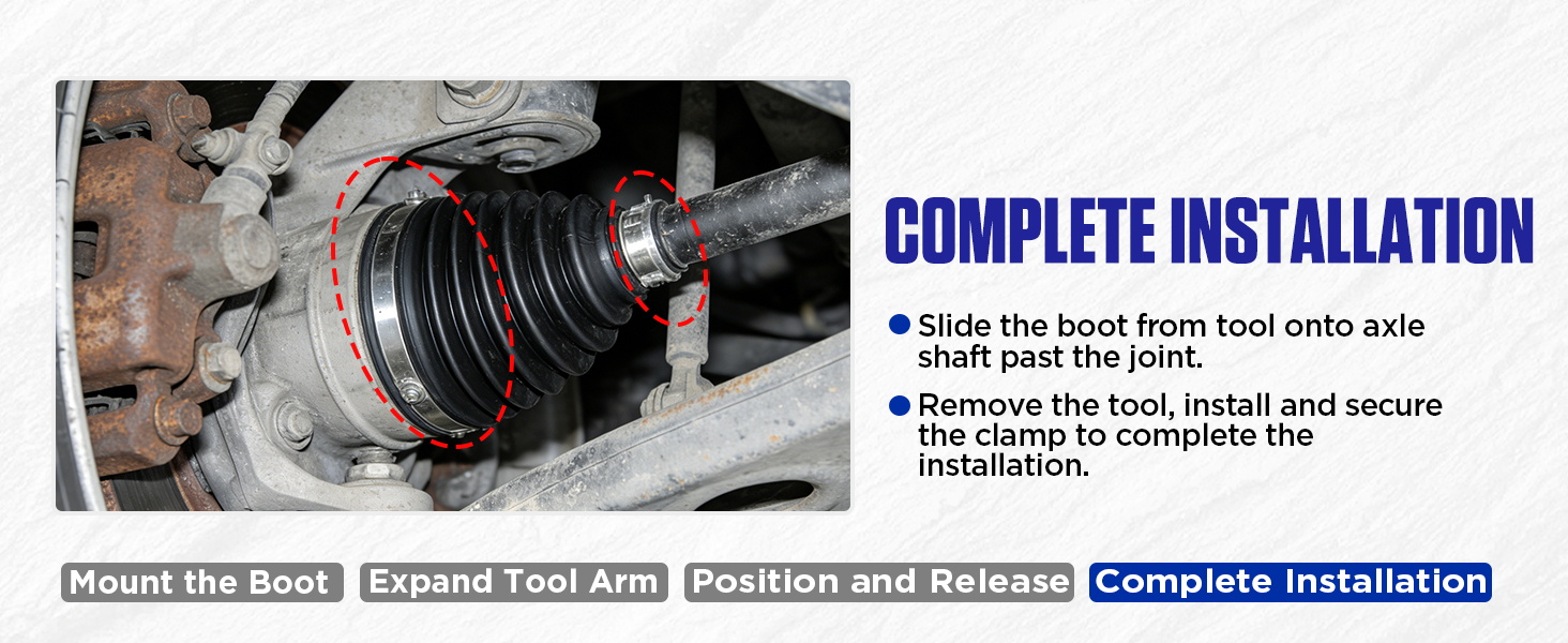 Text reads 'COMPLETE INSTALLATION' with four labeled stages: 'Adjust the piece', 'Expose steel arm', 'Establish and guarantees', 'Complete installation'. Shows automotive part installation.
