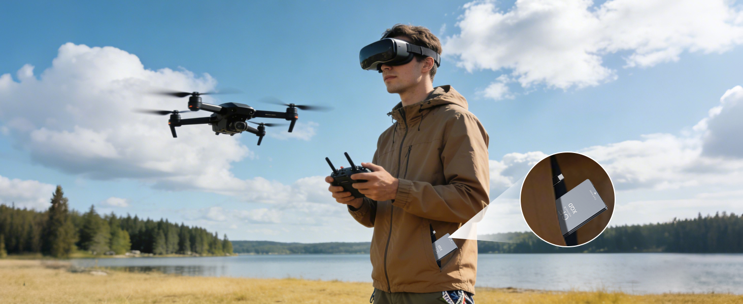 Person operating drone controls in outdoor setting with multiple drones visible in sky against blue backdrop with clouds.