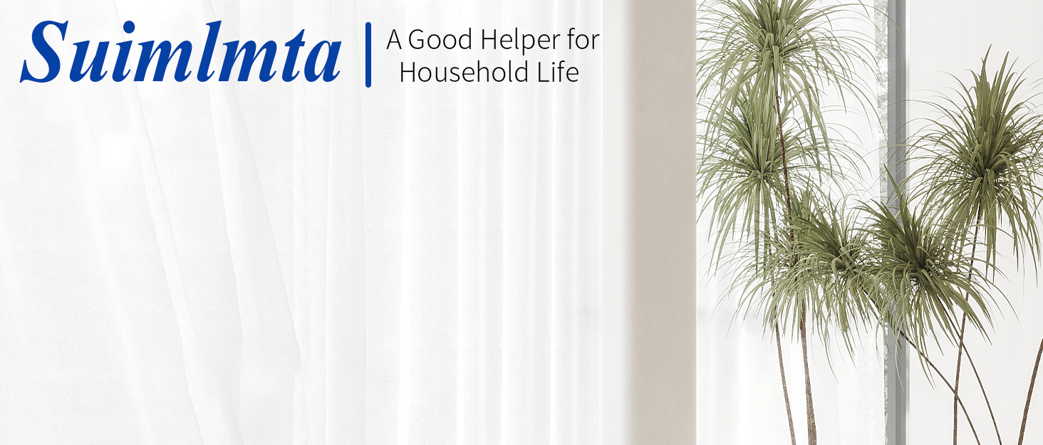 Text 'Suimimta' with subtitle 'A Good Helper for Household Life' against white curtains and potted plants.