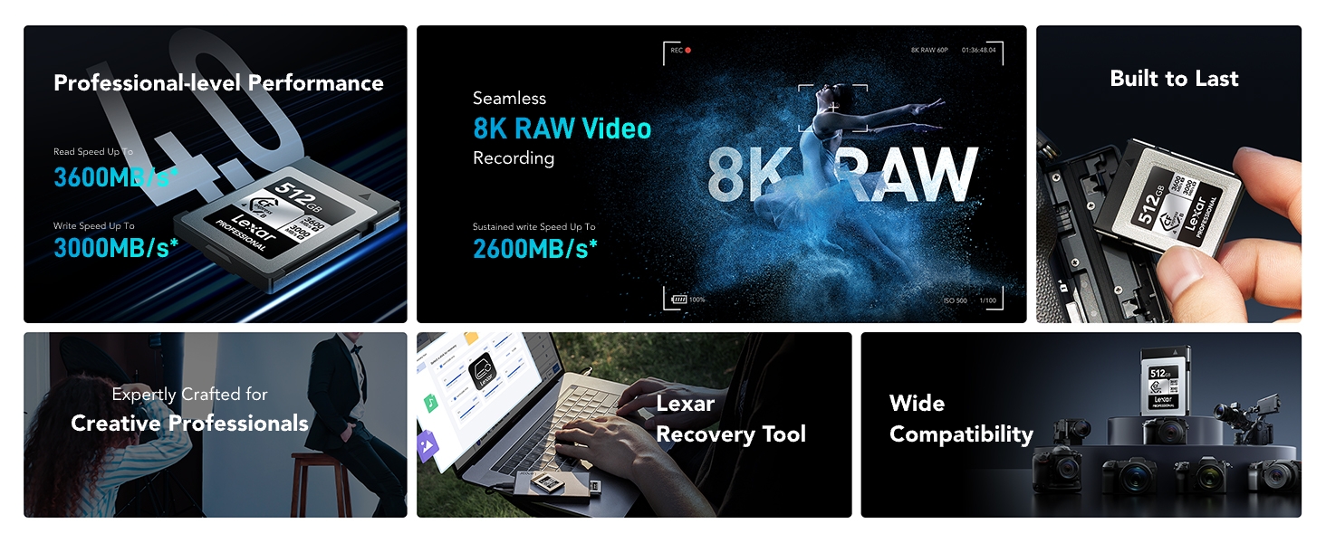 Text reads '8K+RAW'. Series of dark professional camera or video equipment promotional images showing technical details and components.
