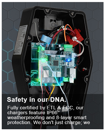 Text reads 'ChargeHere' 'About Us' 'A Decade of Powering the Future. Since 2013, ChargeHere's R&D team has been at the forefront of EV technology.' Corporate information panel describing company history and achievements.