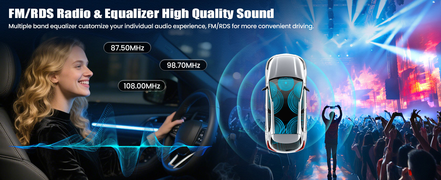Text reads 'FM/BDS Radio & Equalizer High Quality Sound'. Electronic audio interface with blue lighting effects and control displays.