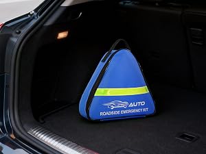 Vehicle trunk interior shots showing blue triangular-shaped device placement in different positions within dark carpeted cargo area.