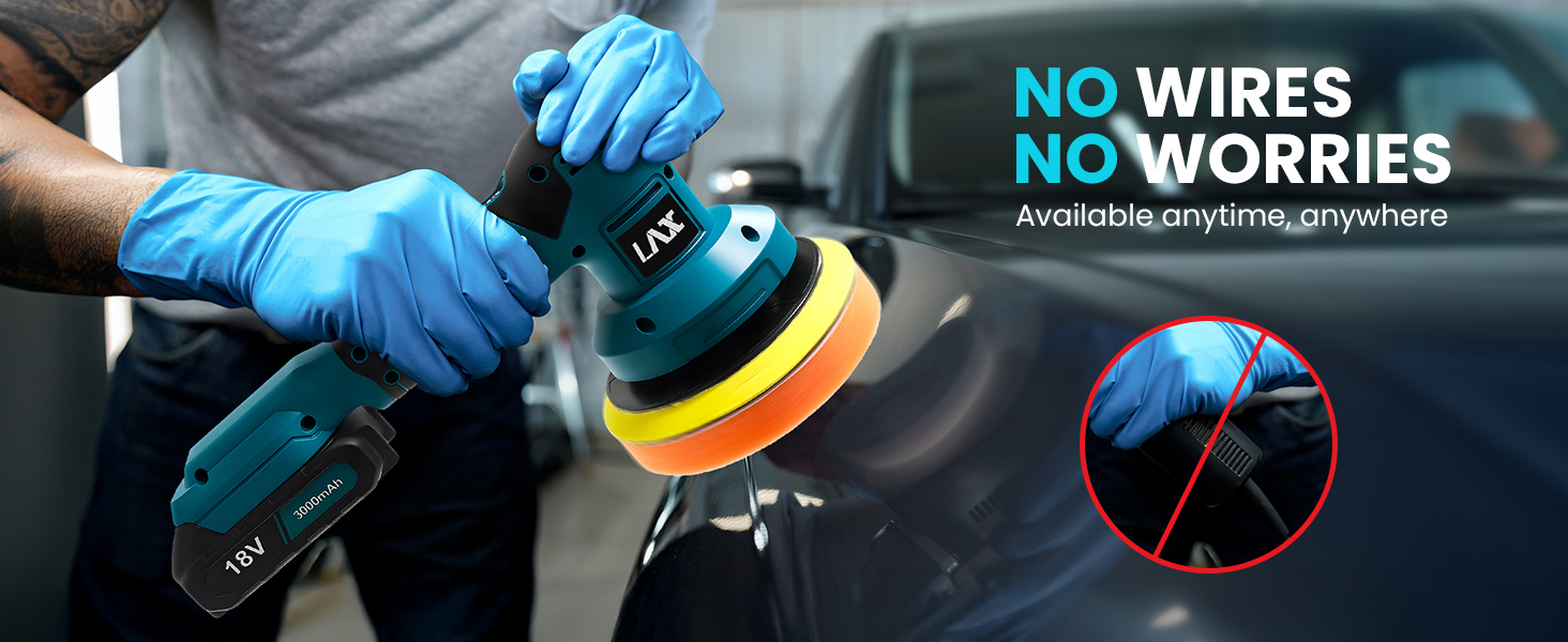 Text reads: 'NO WIRES NO WORRIES'. Marketing image showing wireless device with blue gloved hands and technical graphics.