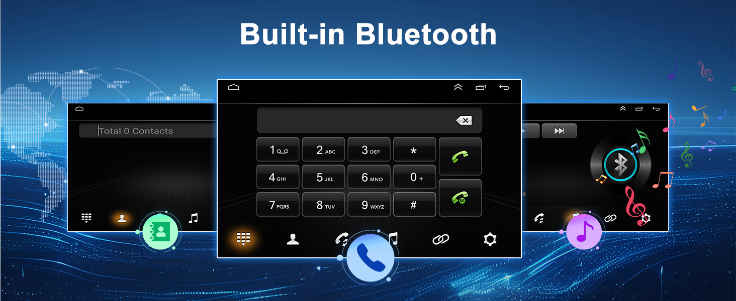 Smartphone interface showcasing built-in Bluetooth functionality. Three screens display a dialer, contacts, and music player with colorful icons on a blue tech background.