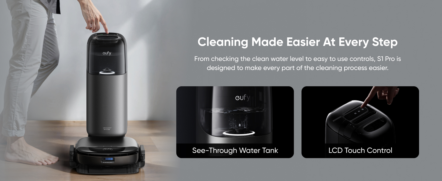 Robot vacuum cleaner advertisement showing device features including see-through water tank and LCD touch control panel