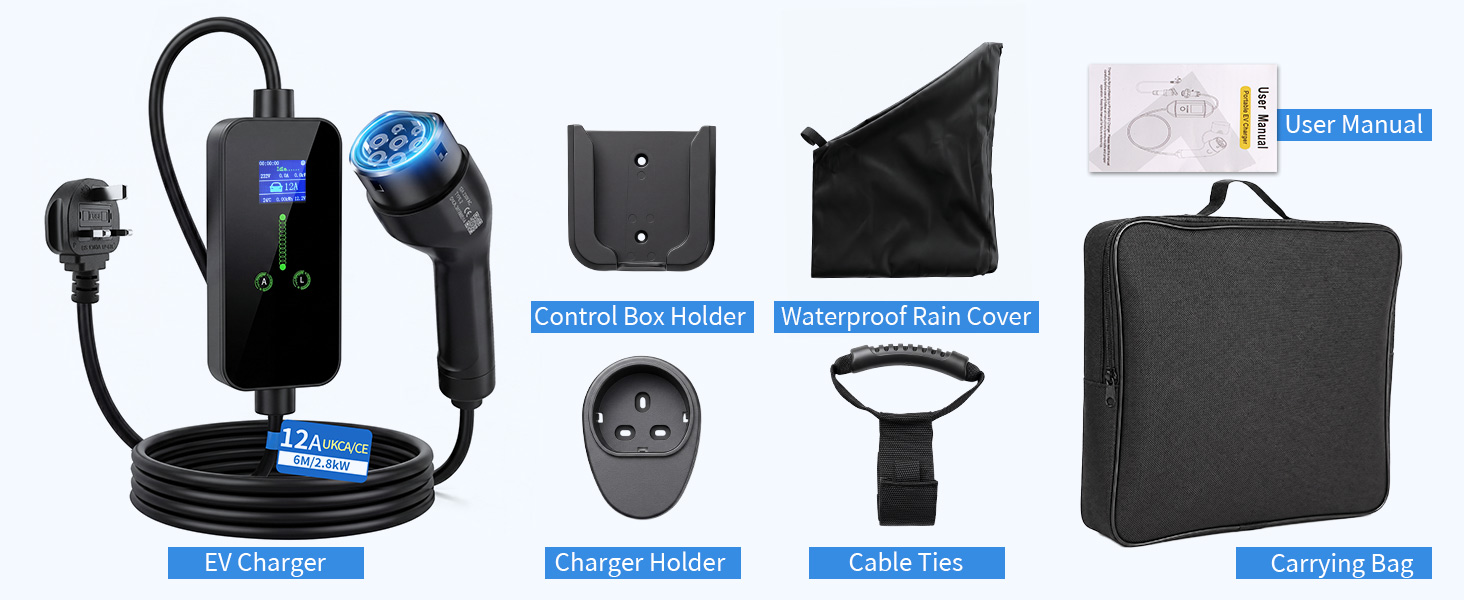 Text reads 'Carrying Bag', 'Control Box', 'Charger Adapter', 'Cable Ties', 'Waterproof Rain Cover'. Wireless earbuds with accessories kit laid out showing all included components: carrying case, control unit, charger, cable ties, and rain cover.