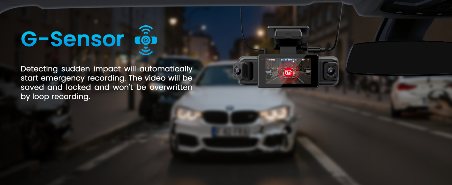 Text reads 'G-Sensor'. Night vision dashboard camera view of road with vehicle ahead, showing interface overlay with green highlights.