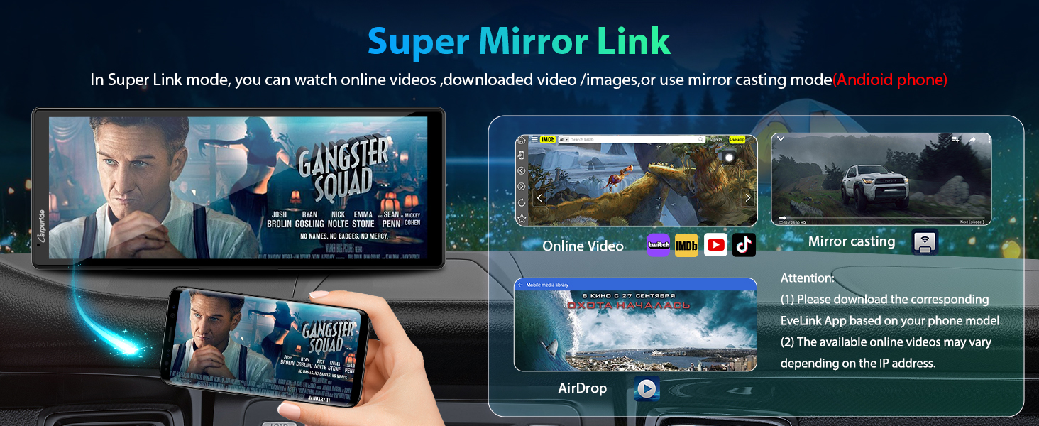 Infographic showcasing 'Super Mirror Link' feature for in-car entertainment. Displays smartphone mirroring capabilities, allowing video streaming and gaming on the car's dashboard screen.