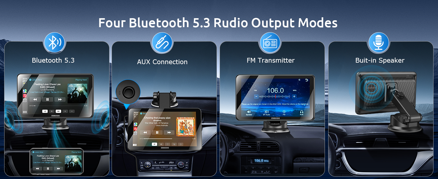 Text reads 'Four Bluetooth 5.3 Audio Output Modes'. Digital interface displays showing various audio connectivity options and car entertainment system controls with blue illuminated screens.