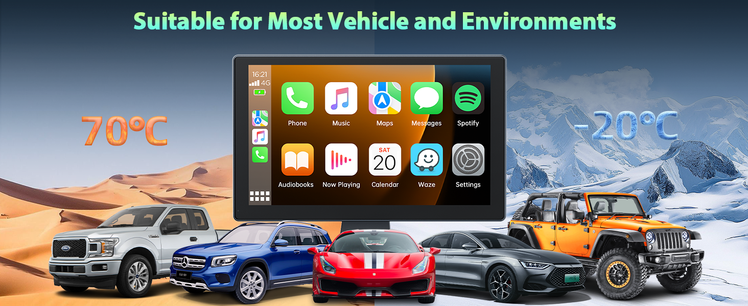 Text reads 'Suitable for all Vehicle and Environments'. Series of images showing different vehicles including sports cars and trucks in various settings.