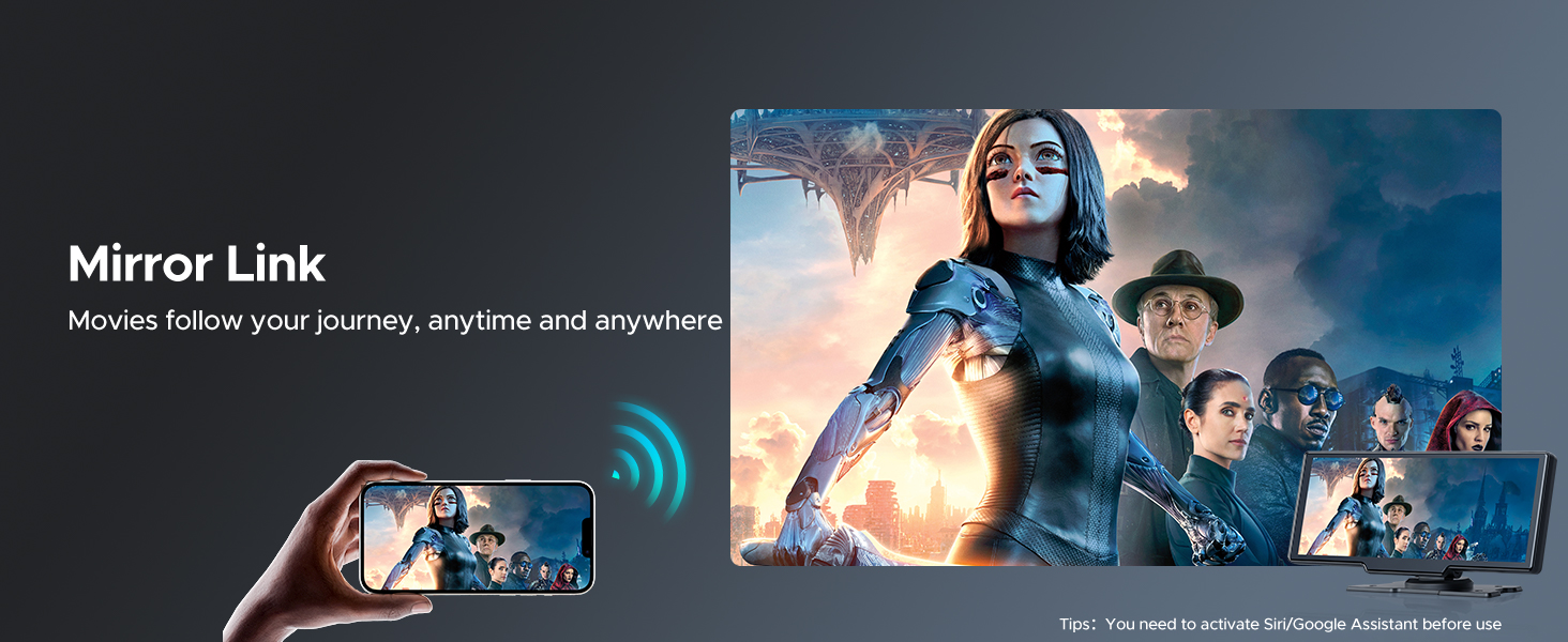 Text reads 'Mirror Link'. Smart display technology shown in multiple environments demonstrating wireless connectivity and screen mirroring capabilities.