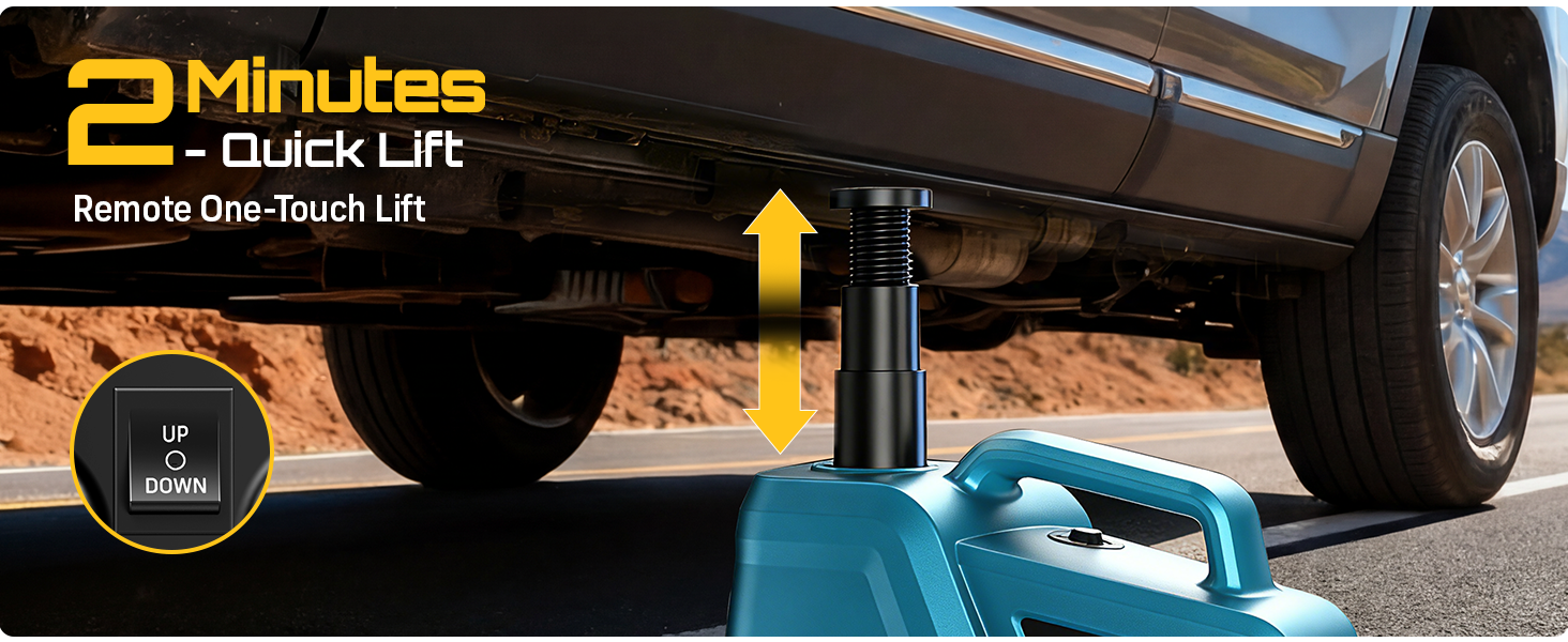 Text reads '2 Minutes - Quick Lift'. Shows underside of vehicle with hydraulic lift mechanism indicated by yellow arrow.