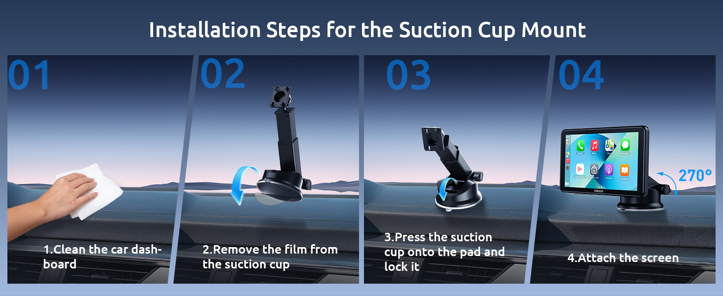 Text reads 'Installation Steps for the Suction Cup Mount'. Instructional panel showing numbered steps 01-04 with product installation images.