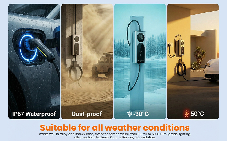 Text reads 'How to charge safely?' followed by numbered charging instruction steps with icons and device illustrations on blue background.