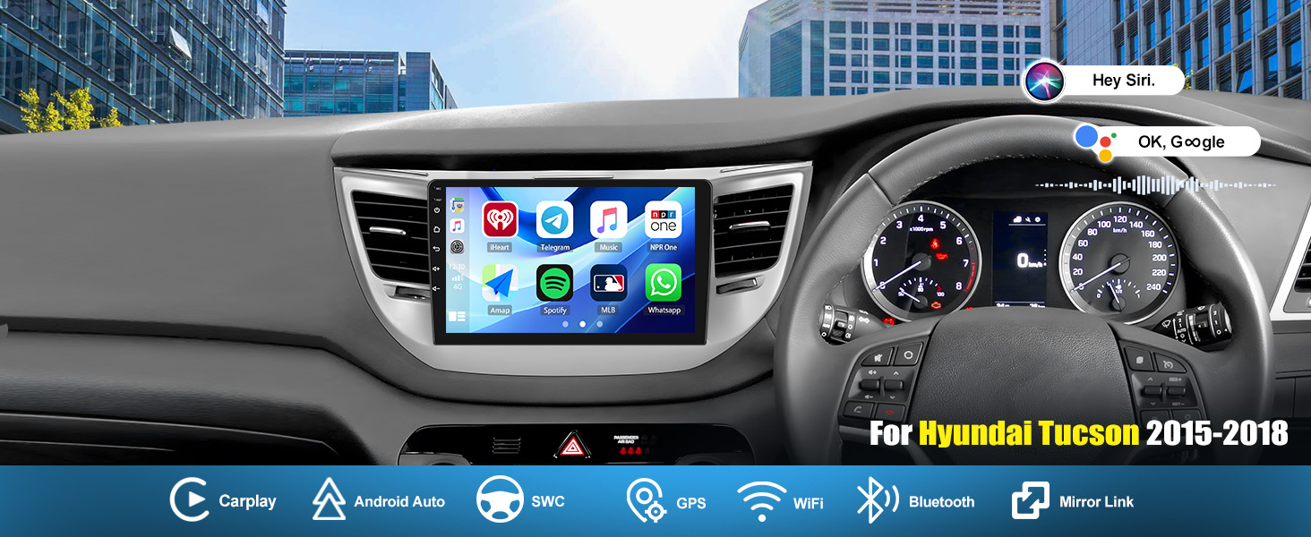 Car dashboard display showing digital interface and navigation system with blue-tinted screen, integrated into modern vehicle interior with climate controls visible.