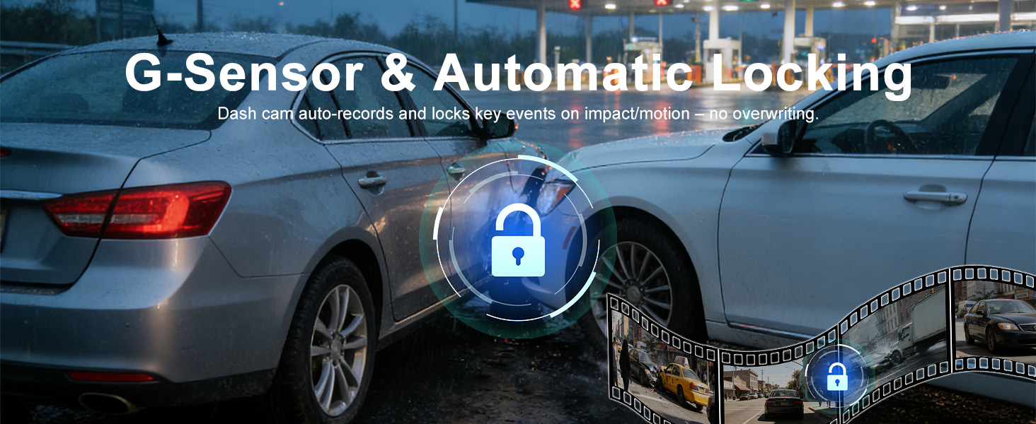 Text reads 'G-Sensor & Automatic Locking'. Shows car security system interface with lock icons and vehicle monitoring displays in blue lighting.