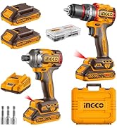 INGCO cordless impact driver set with yellow case, two batteries, charger, and drill bits. Professional power tool kit.