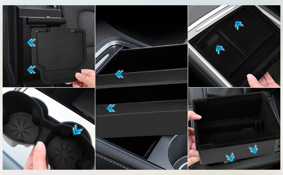 Text reads 'Animal Box', 'Corner Console', 'Central Console Lower'. Multiple black plastic or rubber vehicle console organizer trays shown from different angles.