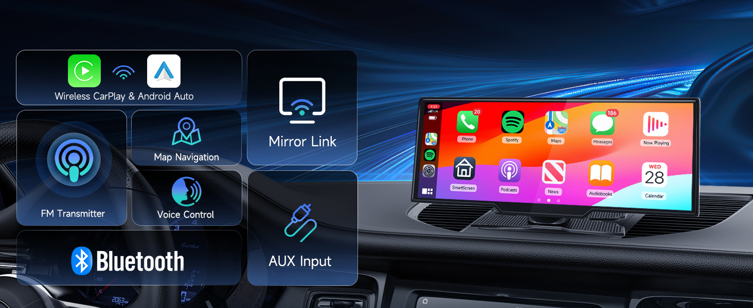 Car dashboard display showing various menu options including Bluetooth, AUX input, and Mirror Link. Colorful app icons visible on connected device screen.