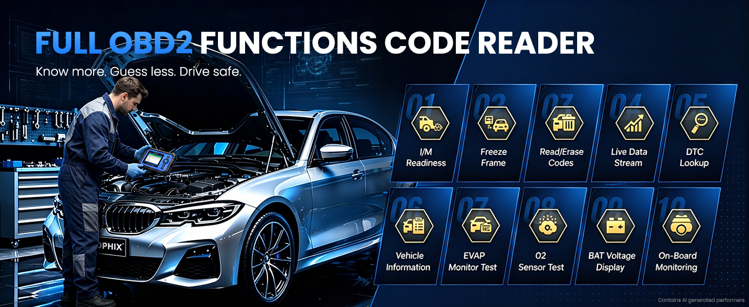 Text reads 'FULL OBD2 FUNCTIONS CODE READER'. Blue car diagnostic device display showing multiple function icons for engine diagnostics, with vehicle illustration and feature symbols.