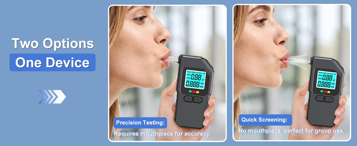 Text reads: 'Two Options', 'One Device', 'Precision Testing', 'Quick Screening'. Product demonstration showing usage of a black handheld device with digital display for breath testing.