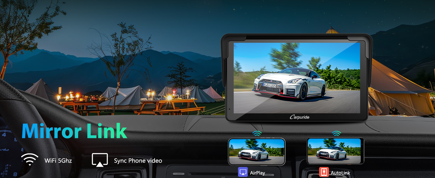 Car display system showing a large screen with a sports car image. Smaller screens below show feature icons. Background depicts outdoor camping scene with tents and mountains.