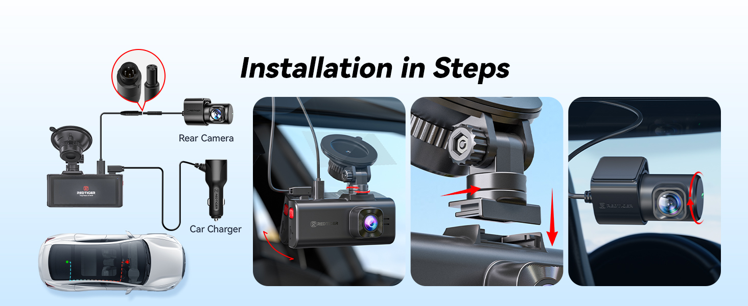 Text reads 'Installation in Steps'. Step-by-step installation guide showing multiple images of car accessory mounting process with tools and hardware.