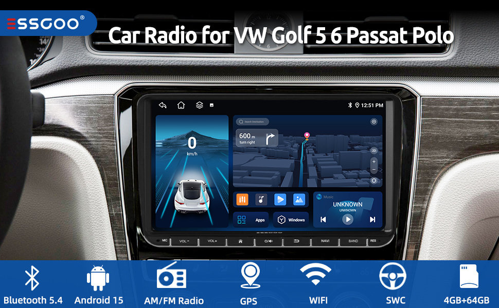 Text reads 'SSGOO Car Radio for VW Golf 5 6 Passat Polo'. Car infotainment system displaying digital interface with vehicle monitoring screen. Icons show Bluetooth 5.4, Android 13, AM/FM Radio, GPS, WiFi, and 4GB+64GB specifications.
