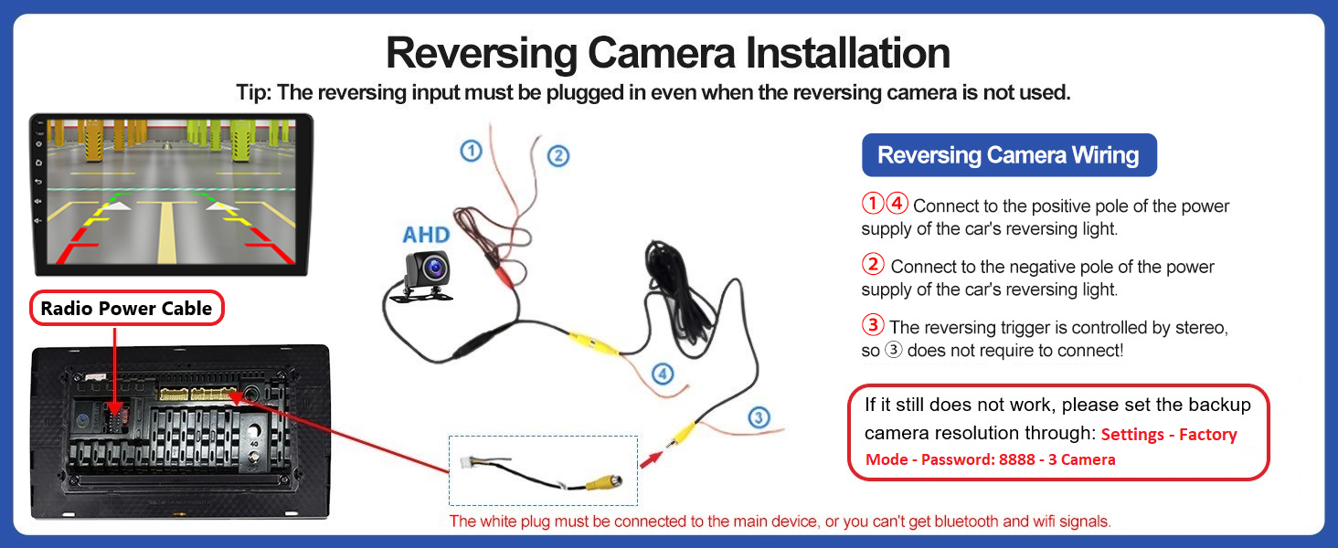 Text reads 'Reversing Camera Installation' with diagram showing car rear view camera setup, including wiring illustrations and connection points.