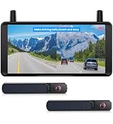 Text reads 'Dual-Channel Upgrade' and '1080P HD Vision'. Rearview mirror dash cam system showing split-screen view of trucks on road.