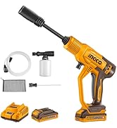 INGCO cordless impact driver kit with batteries, charger, accessories, and carrying case. Features orange and black color scheme.