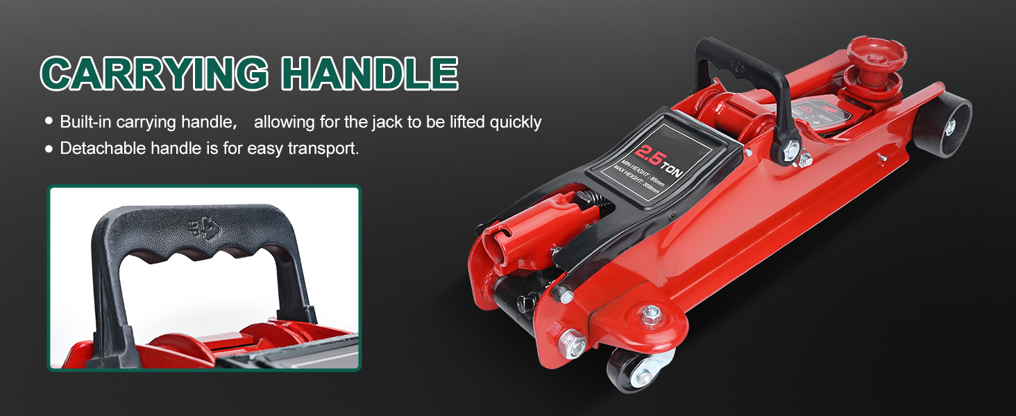 Text reads 'CARRYING HANDLE'. Product images showing red mechanical car jack with handle demonstration and lifting capabilities.