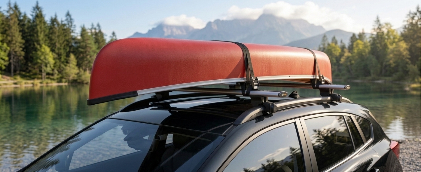 Red and orange inflatable kayak or canoe mounted on vehicle roof rack with black straps, positioned above a lake with forested shoreline and mountains in background.
