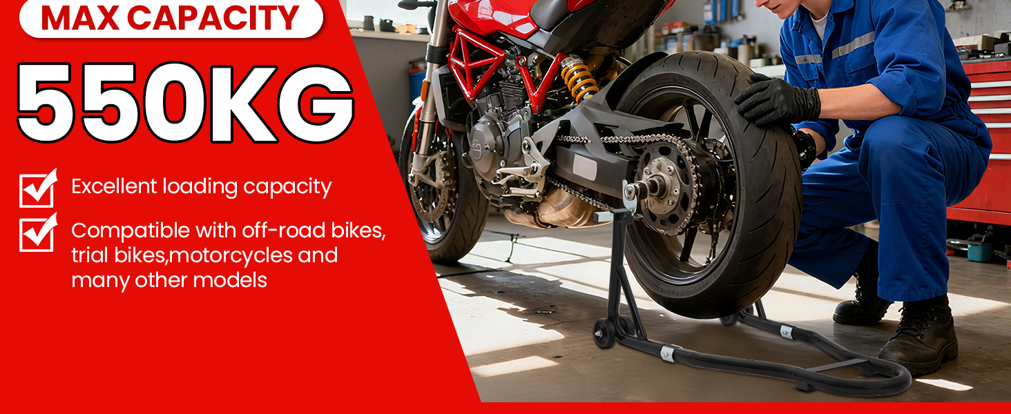 Series of images showing a red motorcycle jack or lift in use, demonstrating different positions and angles of operation.